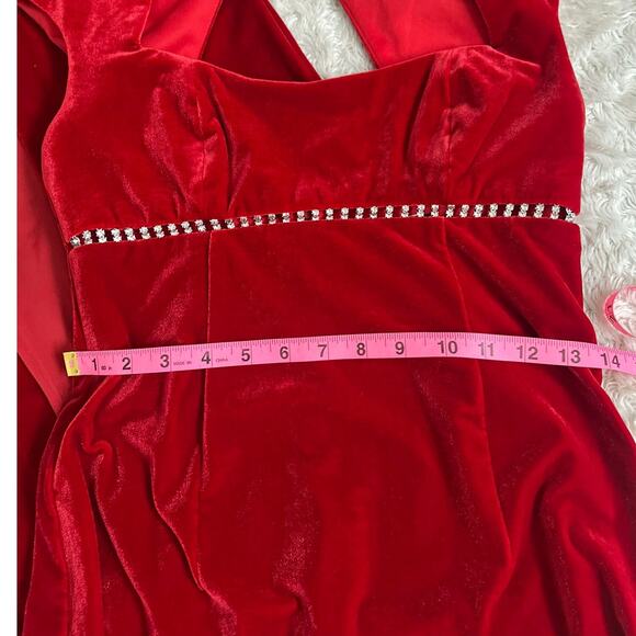 Vintage 90s Sz 4 Red Velvet Rhinestone Empire Waist Cap Sleeve Maxi Dress Gown - Picture 7 of 13